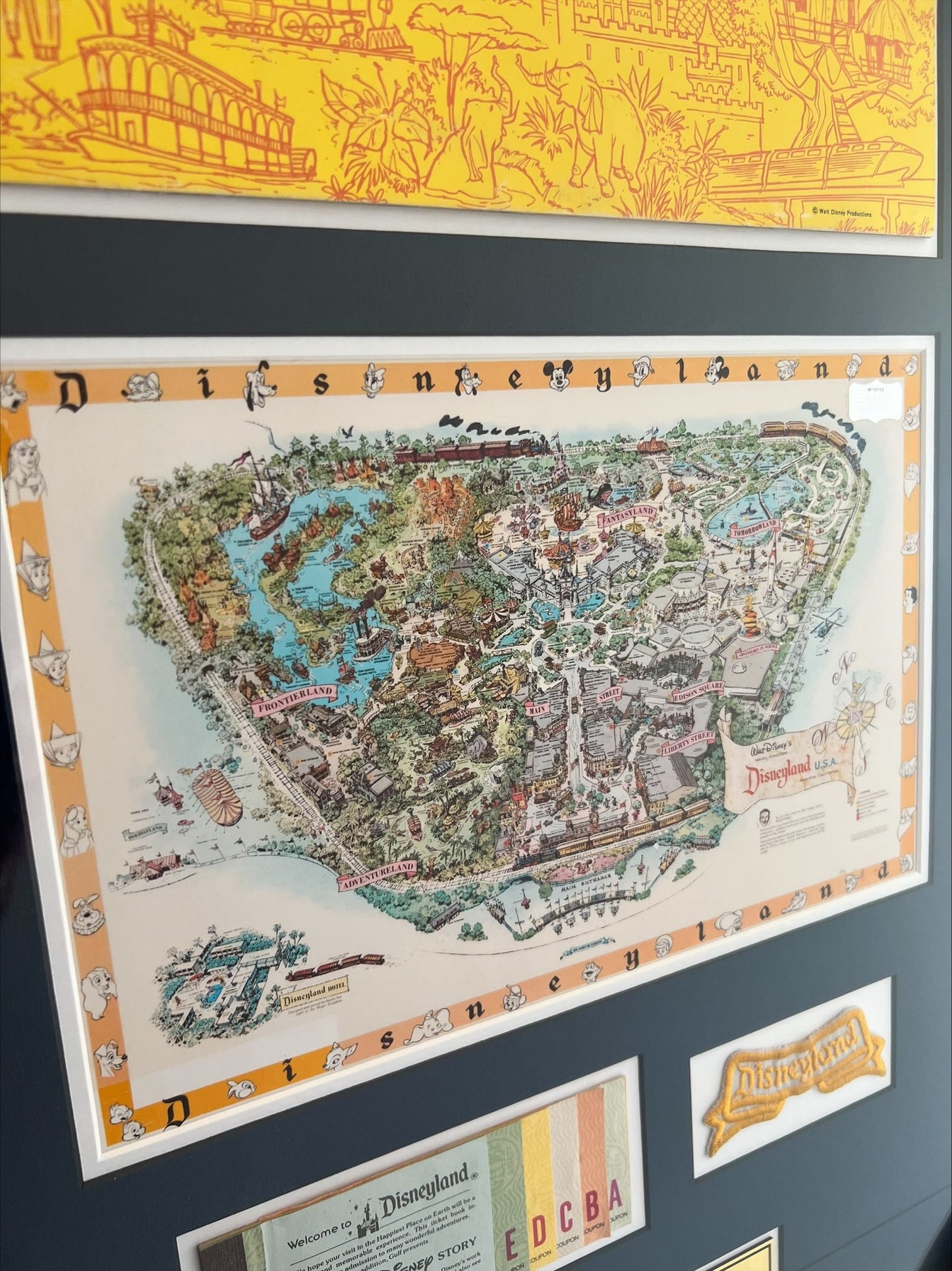 Disneyland 1959 Walt Disney Souvenir Guide Display with Ticket Book Employee Patch Original
