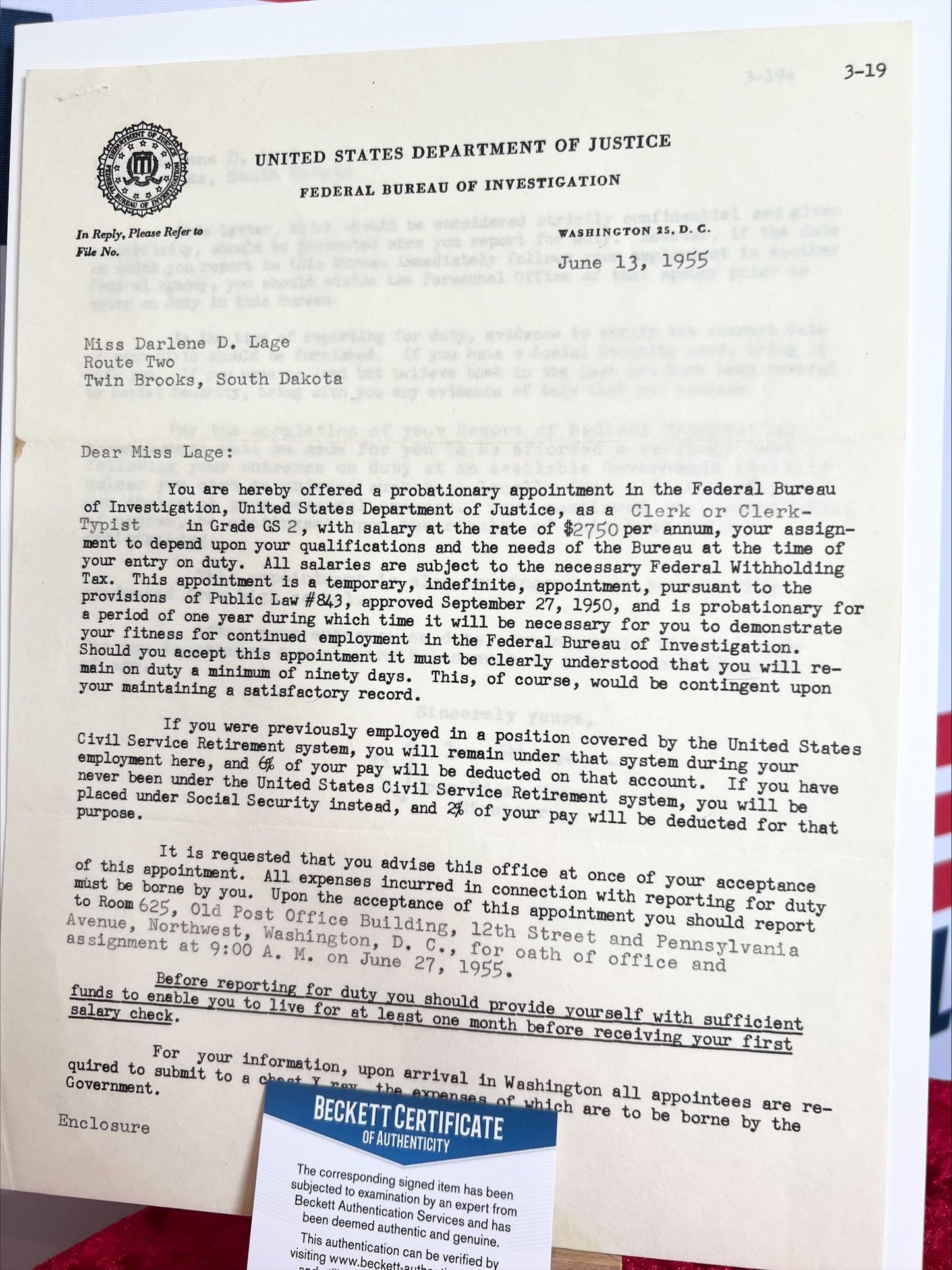 J Edgar Hoover Signed Original 1955 FBI Letter Beckett Authentication