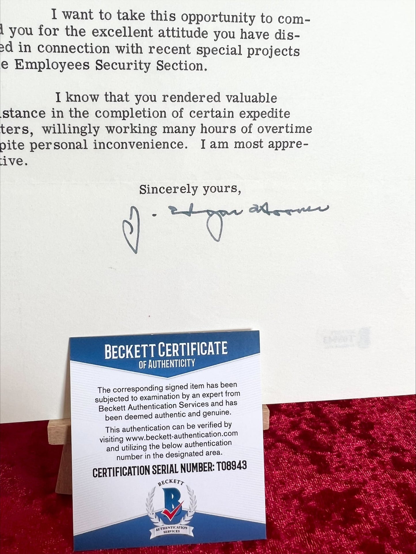 J Edgar Hoover Signed Original 1957 FBI Letter Beckett Authentication