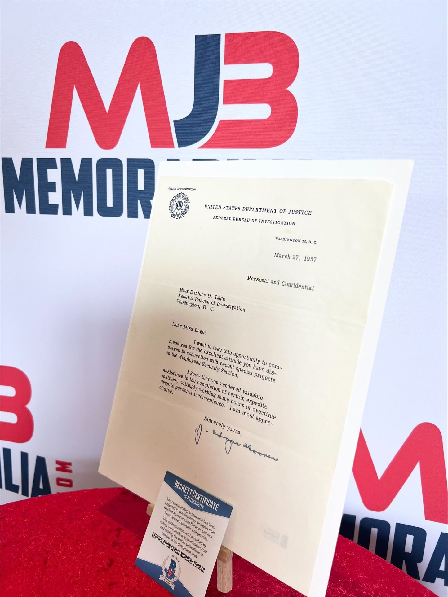 J Edgar Hoover Signed Original 1957 FBI Letter Beckett Authentication