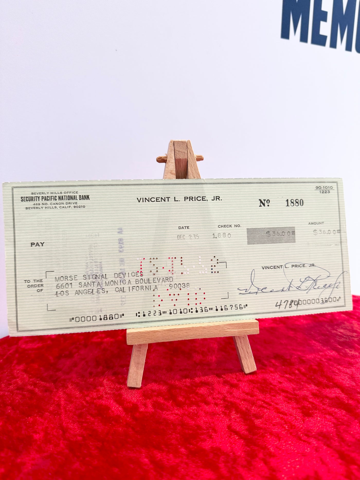 Vincent Price Hand Signed Personal Check 1975 JSA Authentication