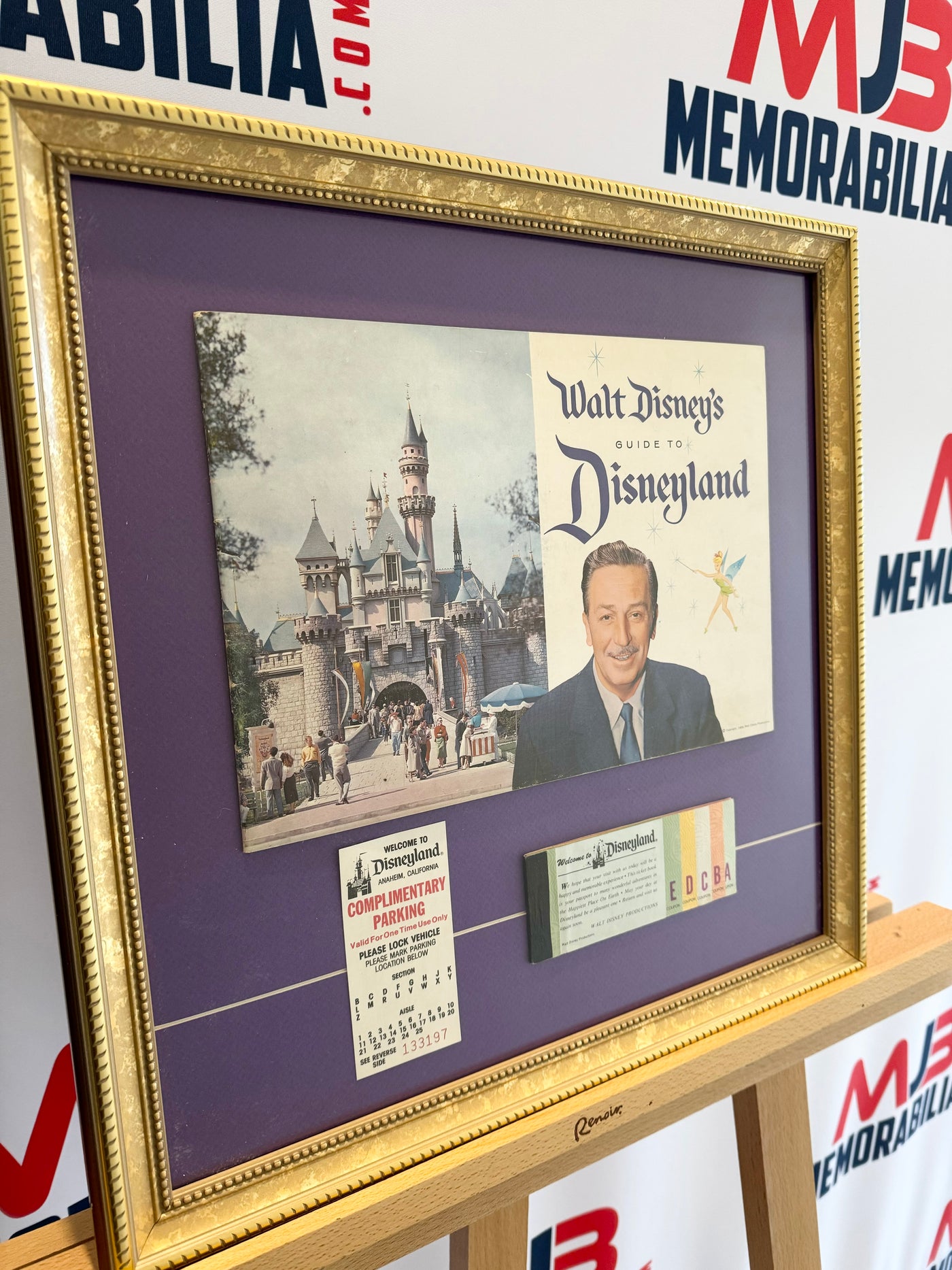 1958 Walt Disney's Guide to Disneyland Custom Framed Book with Vintage Parking Pass &amp; Vintage Ticket Book