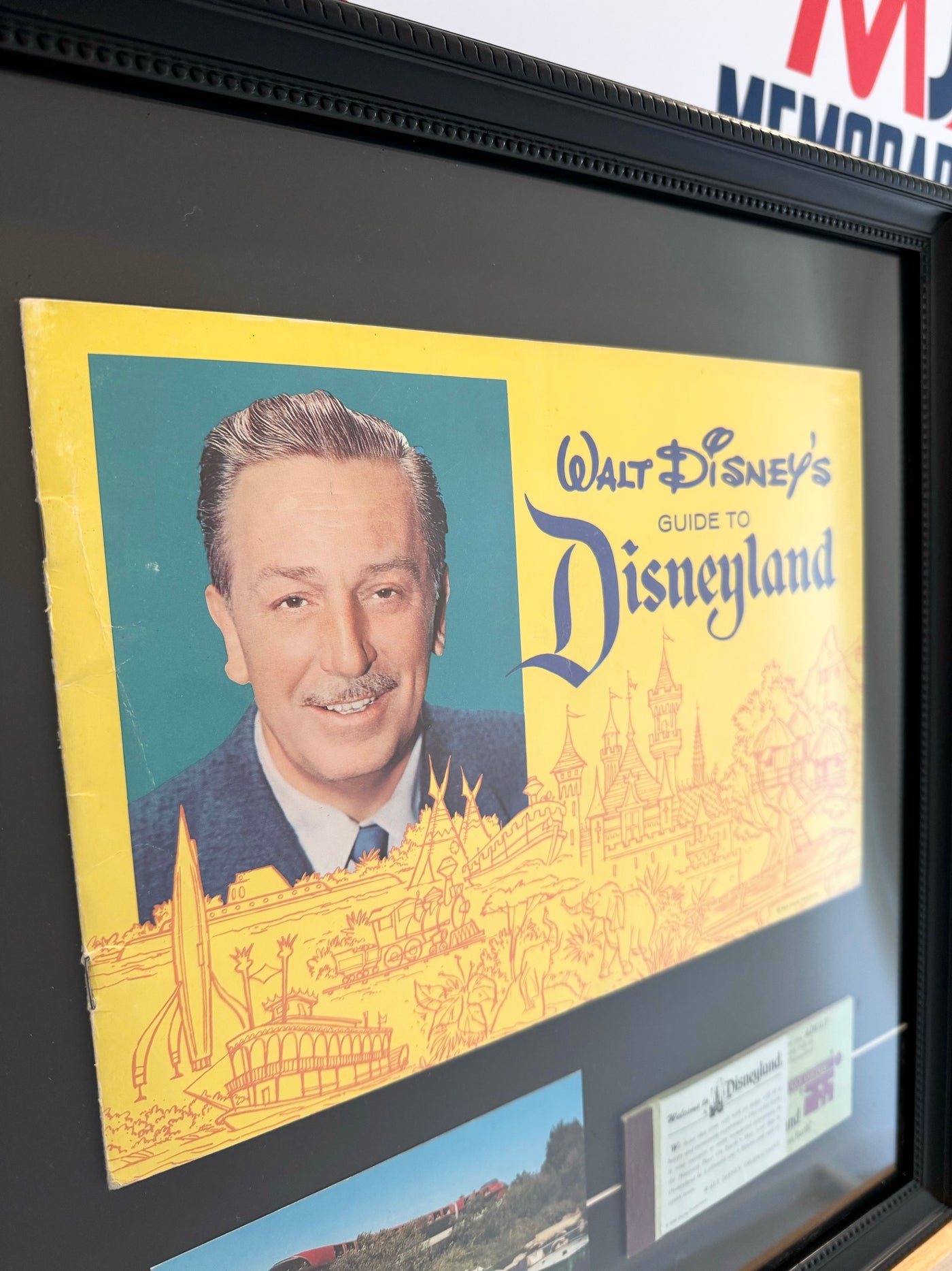 Walt Disney Disneyland Custom Framed 1960's Souvenir Guide Booklet with Vintage Ticket Book &amp; Vintage Postcard