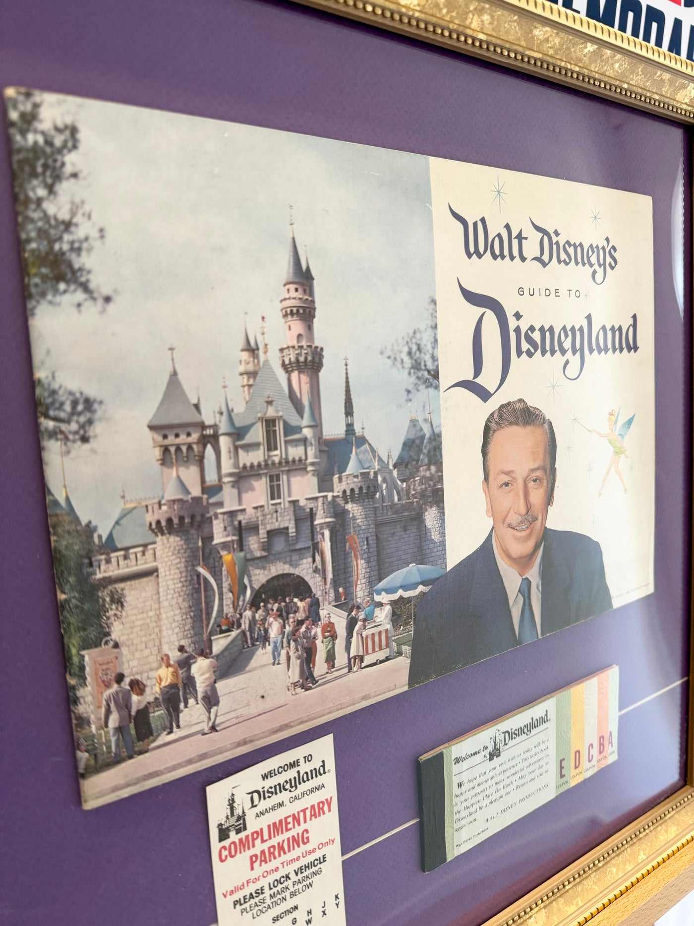 1958 Walt Disney's Guide to Disneyland Custom Framed Book with Vintage Parking Pass &amp; Vintage Ticket Book