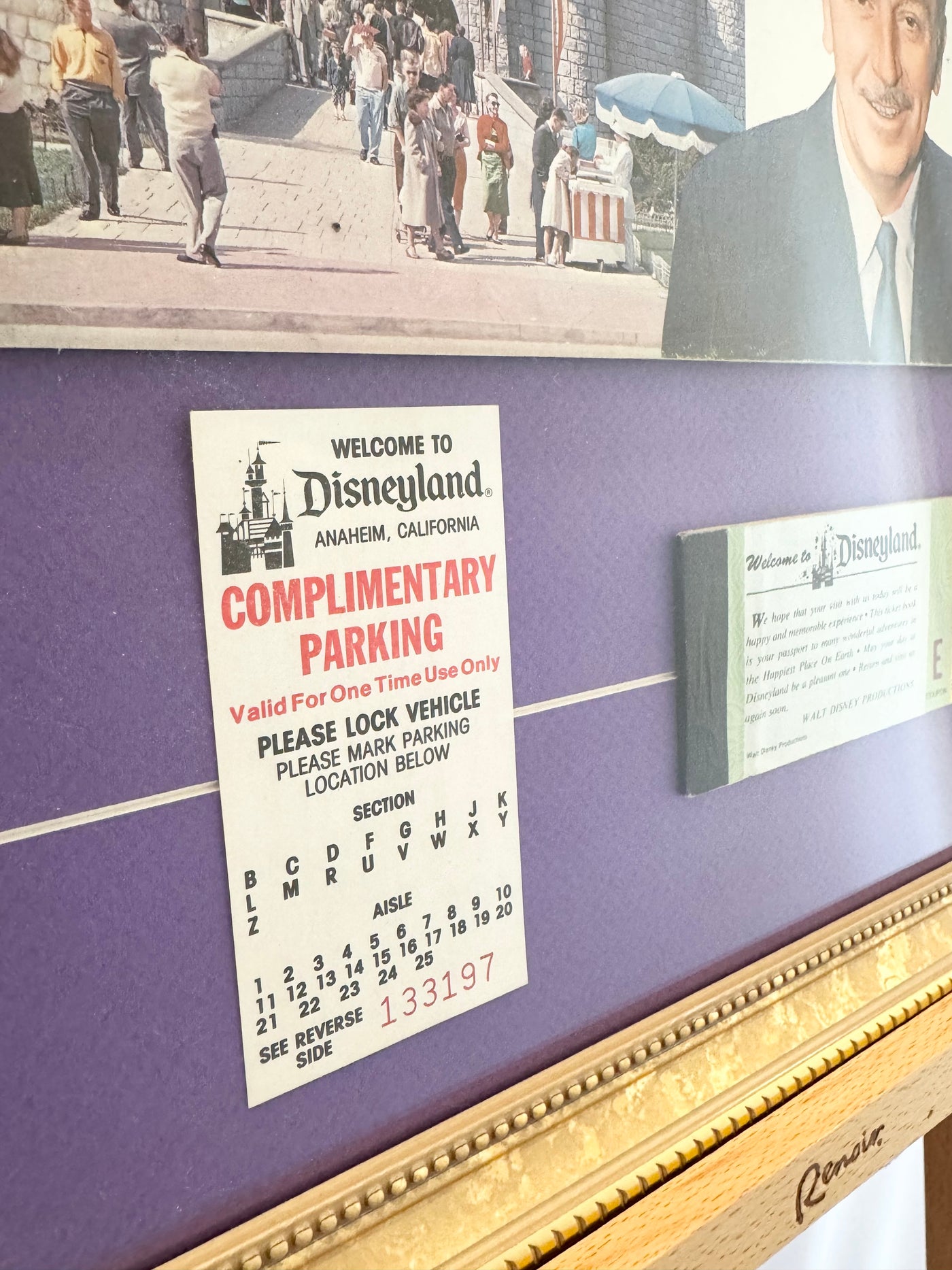 1958 Walt Disney's Guide to Disneyland Custom Framed Book with Vintage Parking Pass &amp; Vintage Ticket Book