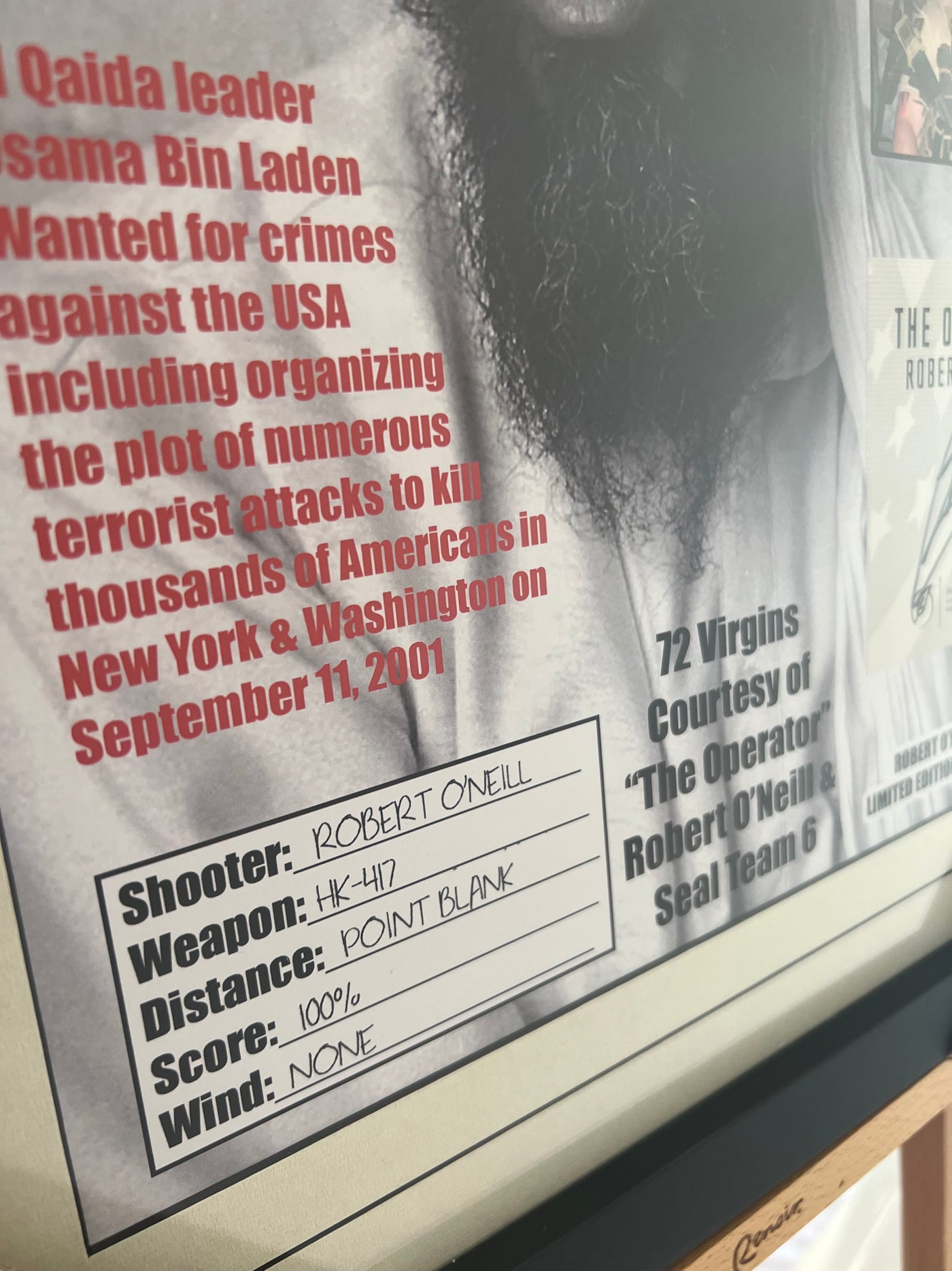 Robert O’Neill Signed Wanted Osama Bin Laden Poster with PSA Authentication