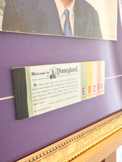 1958 Walt Disney's Guide to Disneyland Custom Framed Book with Vintage Parking Pass &amp; Vintage Ticket Book