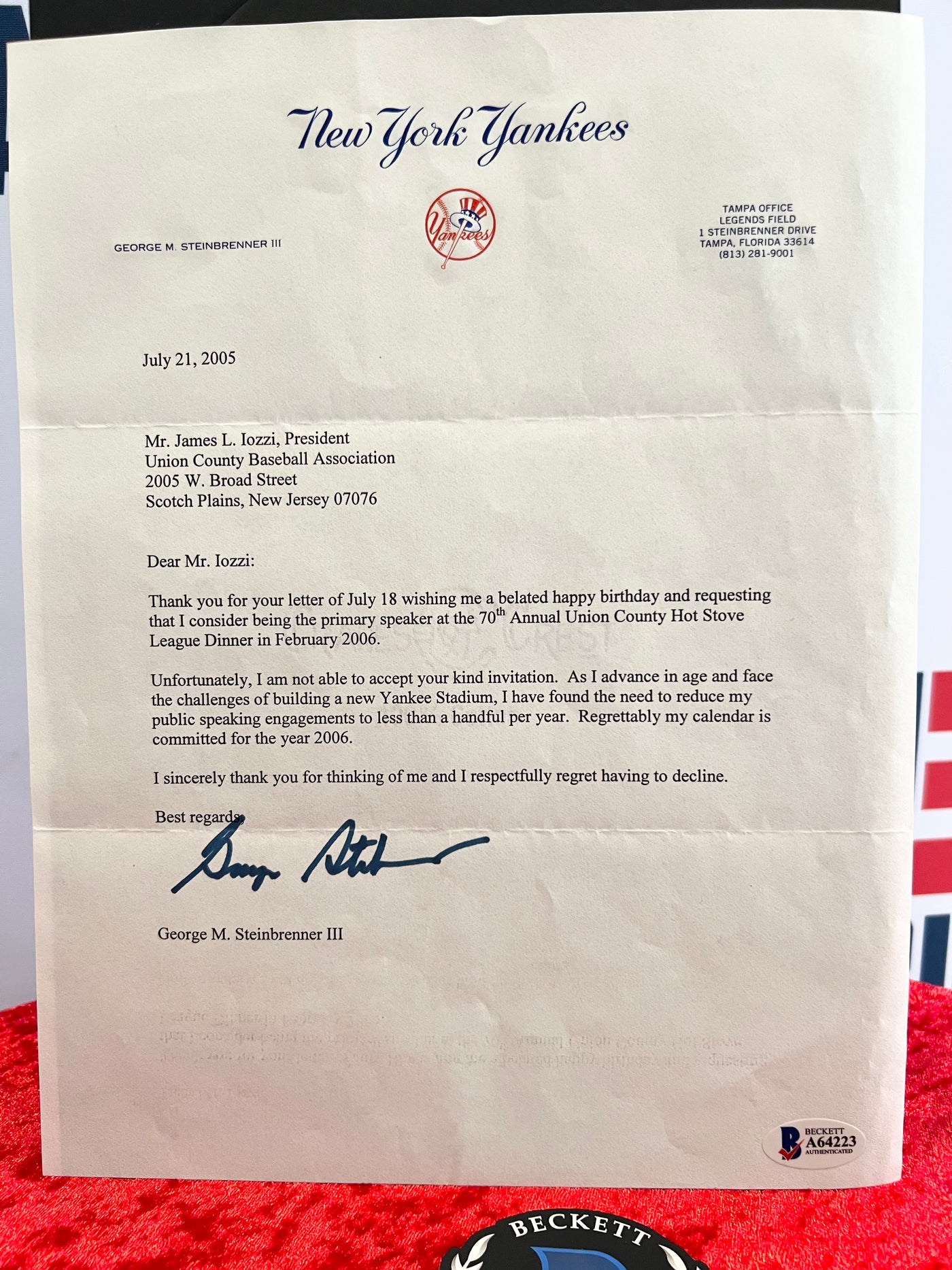 George Steinbrenner Signed 2005 Yankees Letter Beckett authentication New York Yankees letterhead