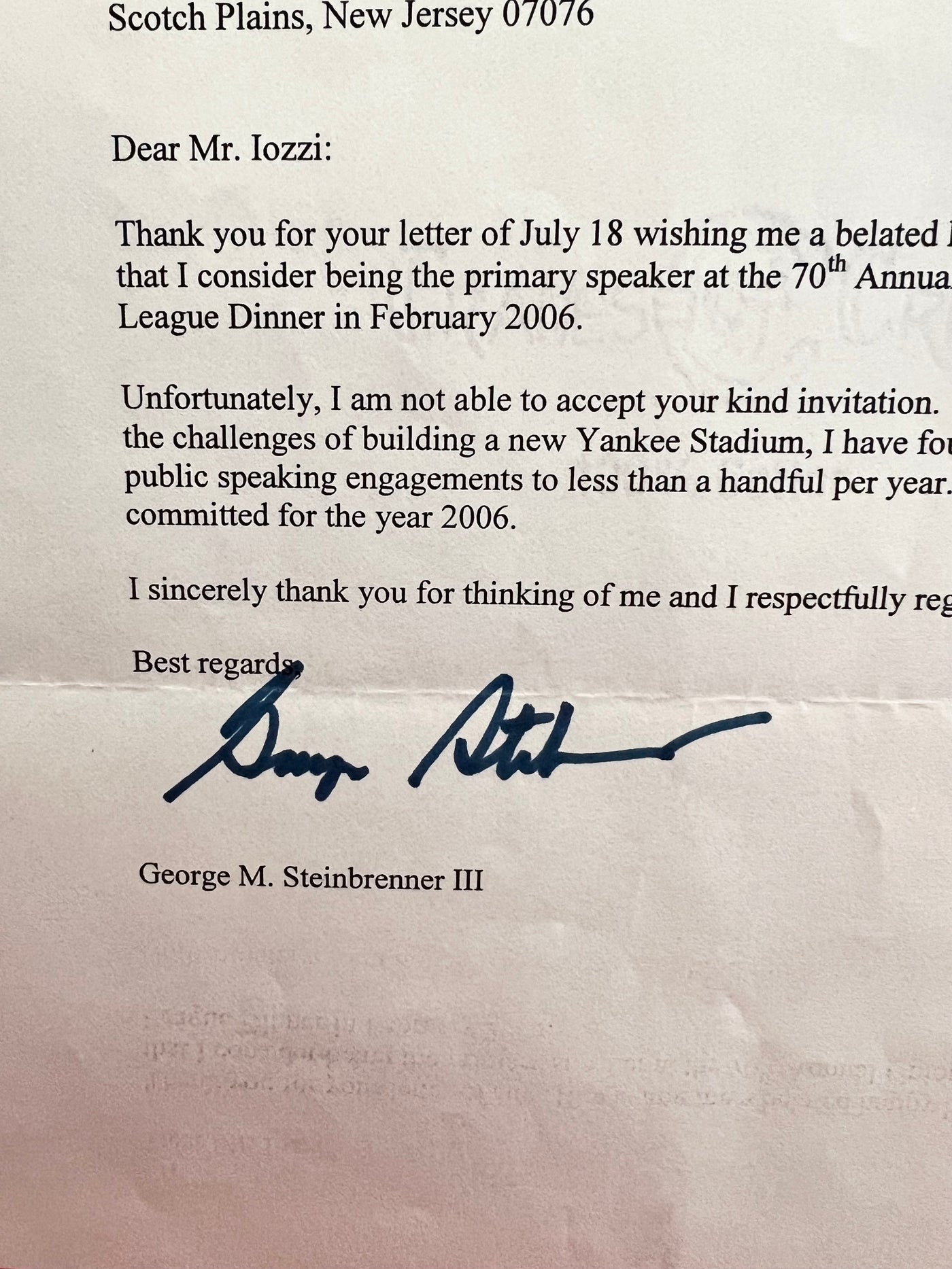 George Steinbrenner Signed 2005 Yankees Letter Beckett authentication New York Yankees letterhead