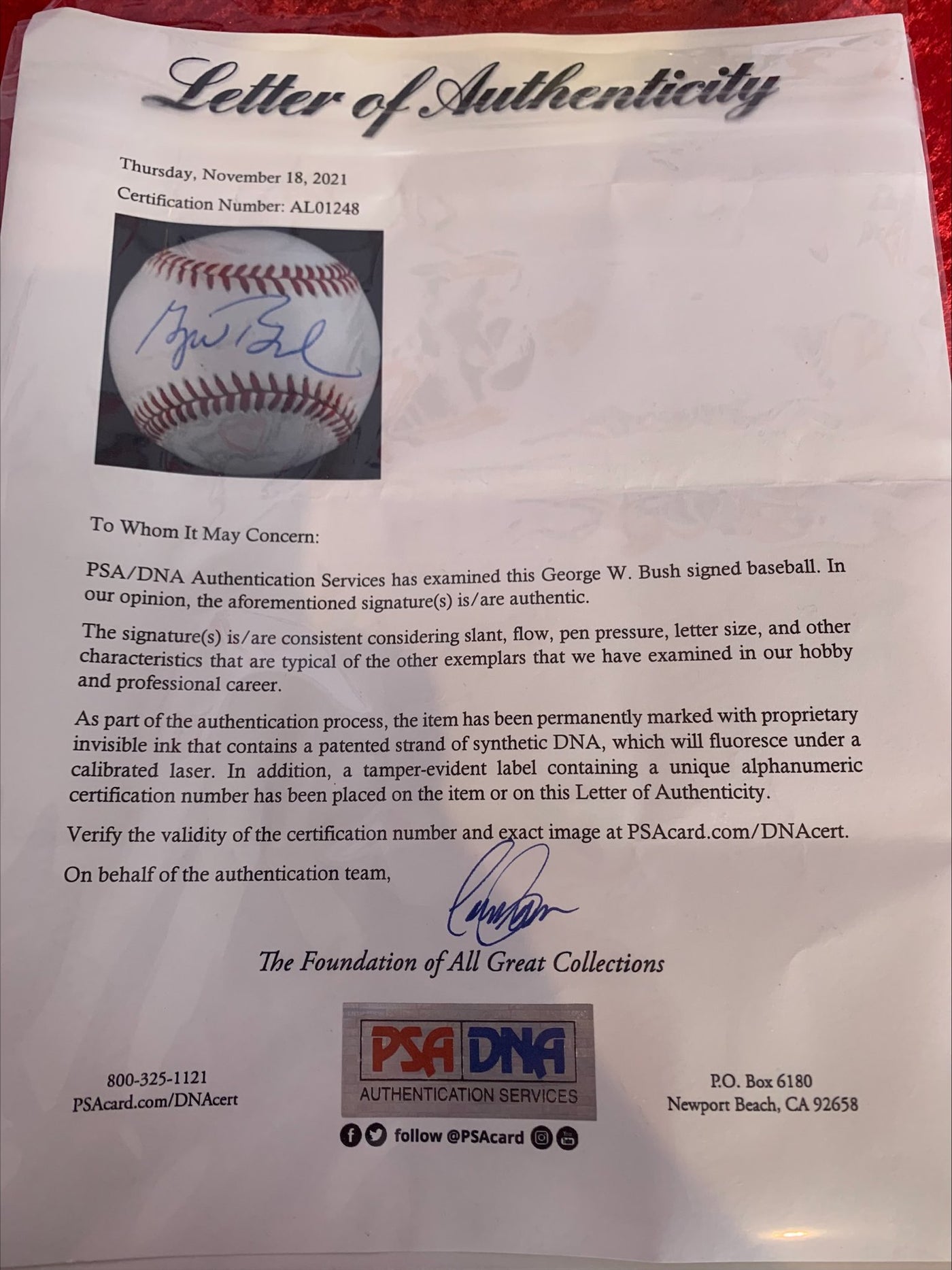 George W. Bush Signed Baseball Authentic with PSA Authentication Official Baseball