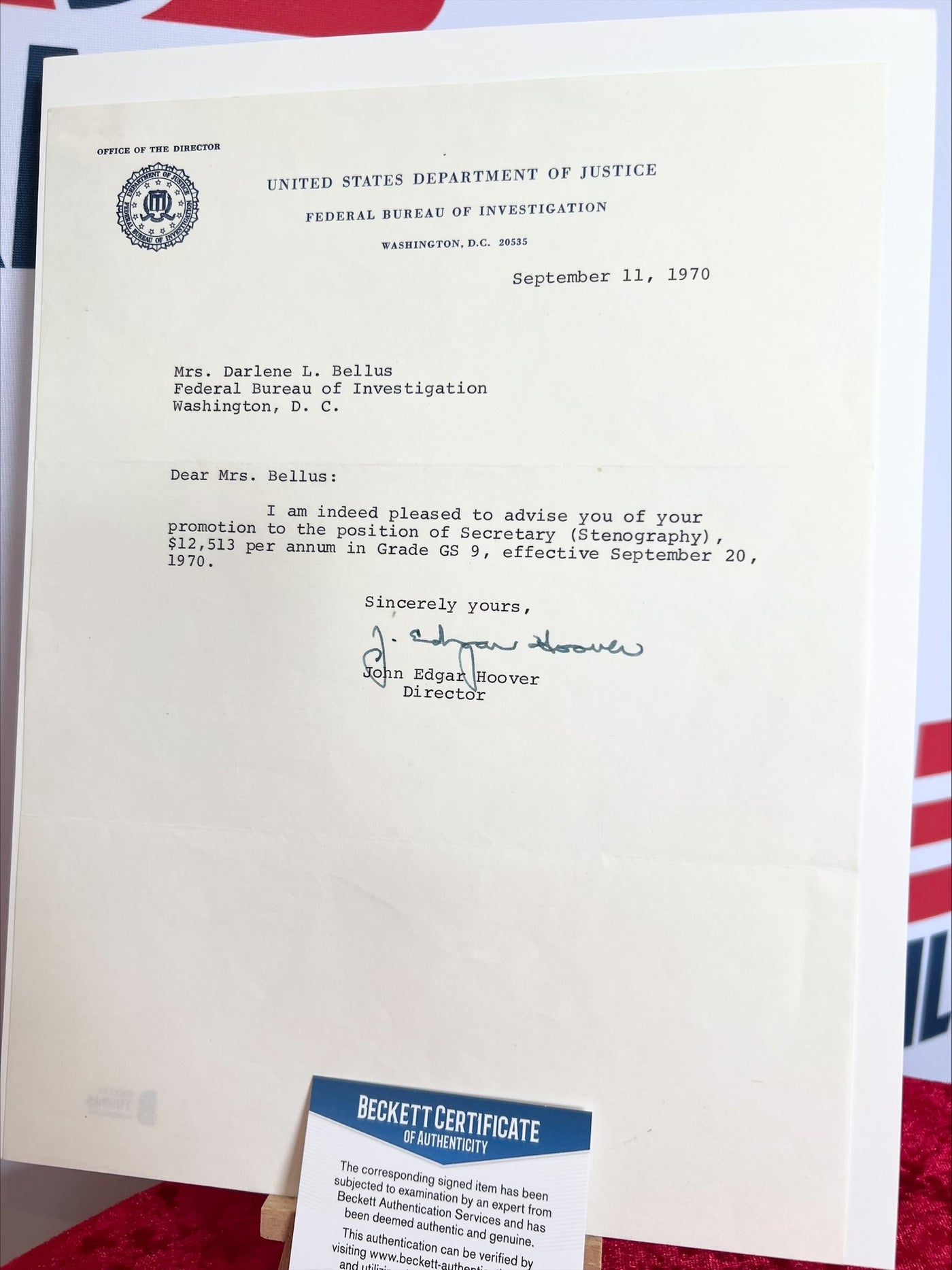 J Edgar Hoover Signed Original 1970 FBI Letter Beckett Authentication