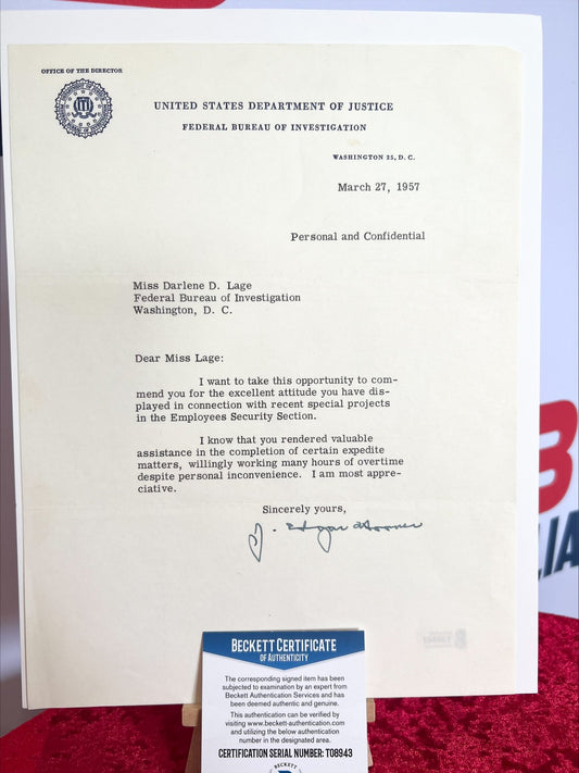 J Edgar Hoover Signed Original 1957 FBI Letter Beckett Authentication