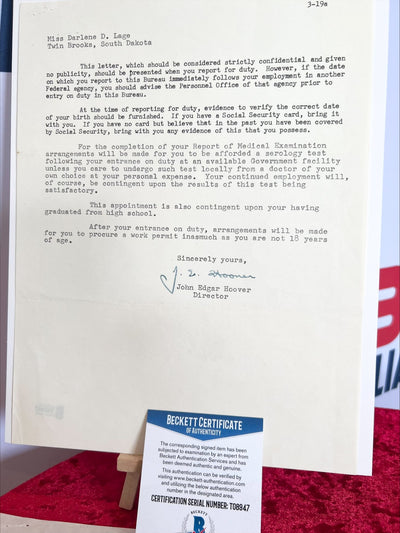 J Edgar Hoover Signed Original 1955 FBI Letter Beckett Authentication