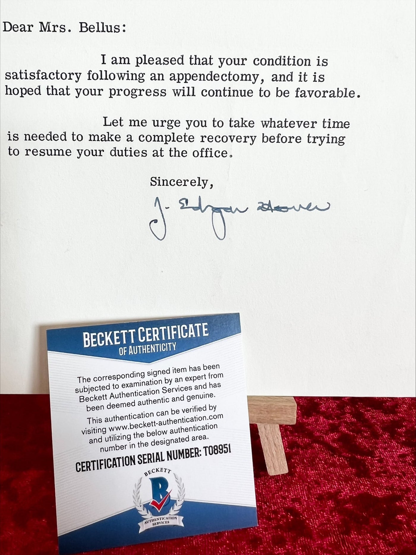 J Edgar Hoover Signed Original 1966 FBI Letter Beckett Authentication