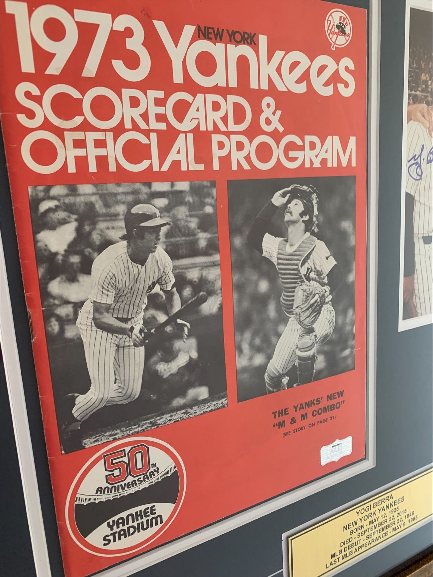 Yogi Berra Signed Yankees Photo and Original Score Card and Yankees Pin PSA Authentication