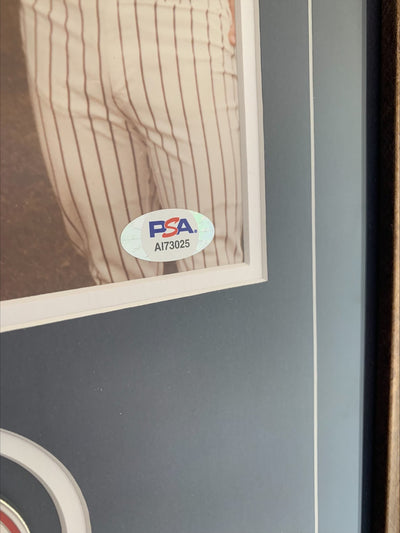 Yogi Berra Signed Yankees Photo and Original Score Card and Yankees Pin PSA Authentication